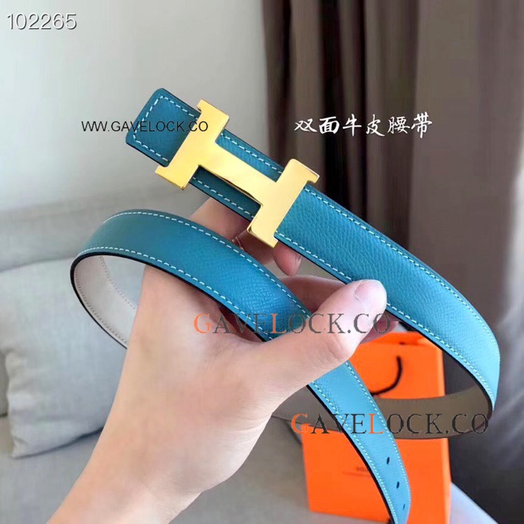 Wholesale Copy Hermes Mens Belts Gray & Blue Double Sided Leather Belt 24mm